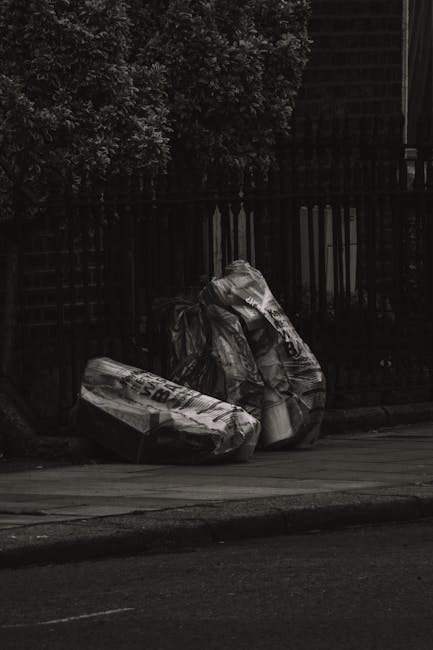 Three large black plastic rubbish bags filled with waste are piled on a paved sidewalk in front of a black metal fence with vertical bars. The bags appear to be tightly knotted at the top, with some showing signs of being partially crumpled or stretched, indicating they are filled with lightweight debris or general household rubbish. The background includes a dense leafy tree on the left side, providing some natural greenery, and the fence extends behind the bags, suggesting an enclosed or private property boundary. The scene is captured in natural daylight, with shadows cast by the fence and the bags, highlighting the texture of the plastic and the concrete pavement. The environmental context and arrangement of the bags imply they are waiting for collection, reflecting practices in private waste handling or rubbish removal services such as those offered by Waste Collection Belsize Park. The overall setting is urban, with a focus on the cleared or collected waste ready for disposal or removal, supporting the theme of alternative waste services in the area.